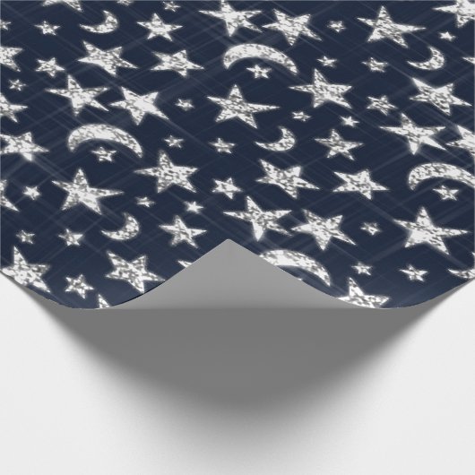 Spark Silver Gray Stars Moon Twinkl Blue Navy Cadeaupapier (Hoek)