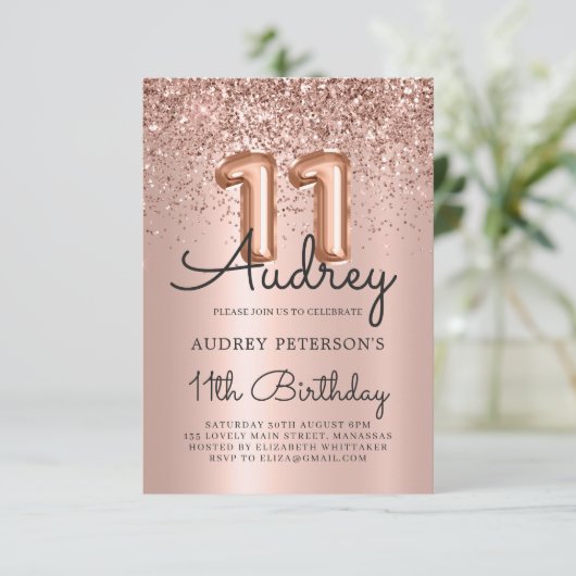 Sparkelende Glitter Roze Gouden Ballon 11e Verjaar Kaart (Staand voorkant)