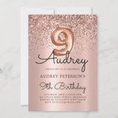 Sparkelende Glitter Roze Gouden Ballon 9e Verjaard Kaart (Voorkant)