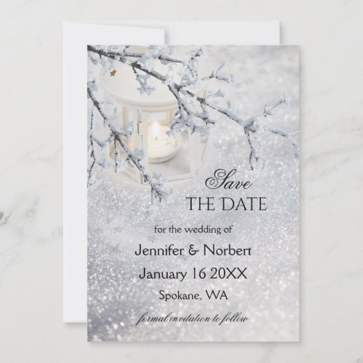Sparking Snow Winter Wedding Save the Date Kaart (Achterkant)