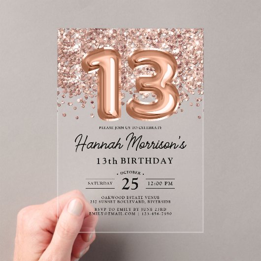 Sparkle 13th Birthday Roos Gold Balloons Party Acryl Uitnodigingen (Insitu (Draagbaar))