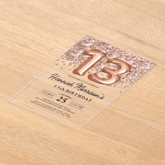 Sparkle 13th Birthday Roos Gold Balloons Party Acryl Uitnodigingen (Laagn)