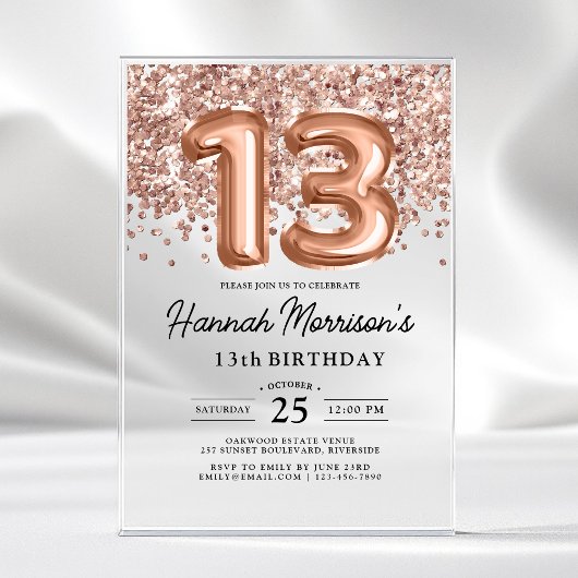 Sparkle 13th Birthday Roos Gold Balloons Party Acryl Uitnodigingen