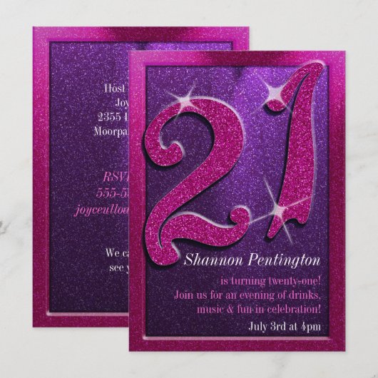 Sparkle 21st Roze en Paarse Aanvragen van de Dag Kaart (Voorkant / Achterkant)