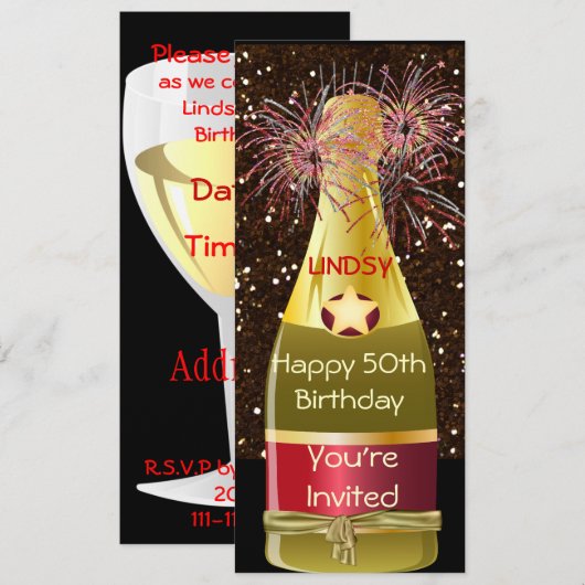 SPARKLE 50th Birthday WINE FLACON Uitnodiging (Voorkant / Achterkant)
