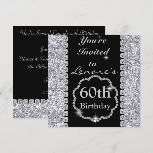 Sparkle 60th Birthday Party Black & Silver Invita Kaart (Voorkant / Achterkant)