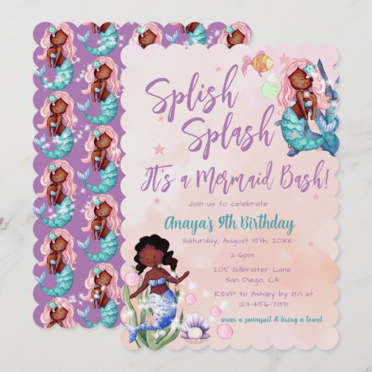 Sparkle African American Mermaid Bash Birthday Kaart (Voorkant / Achterkant)