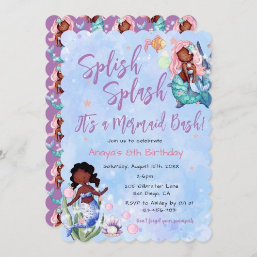 Sparkle African American Mermaid Bash Birthday Kaart (Voorkant / Achterkant)