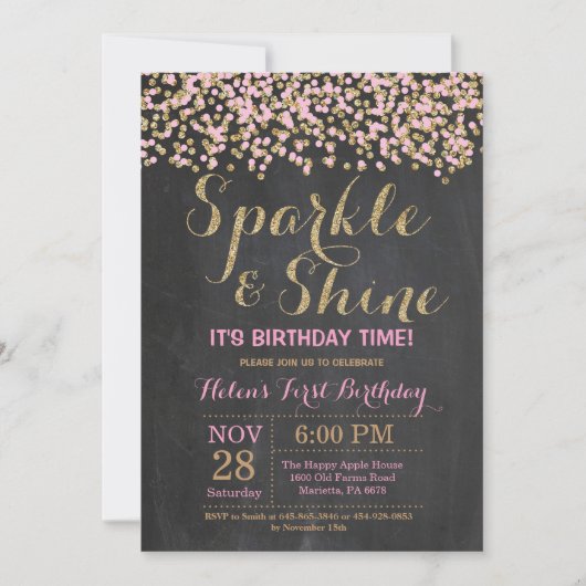 Sparkle and Shine Pink Gold Birthday Invitation Kaart (Voorkant)