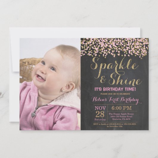 Sparkle and Shine Pink Gold Birthday Invitation Kaart (Voorkant)