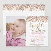 Sparkle and Shine Pink Gold Birthday Invitation Kaart (Voorkant / Achterkant)