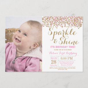 Sparkle and Shine Pink Gold Birthday Invitation Kaart