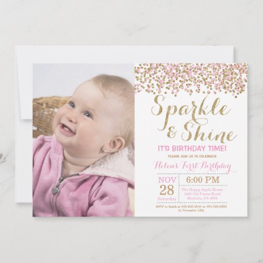 Sparkle and Shine Pink Gold Birthday Invitation Kaart (Voorkant)