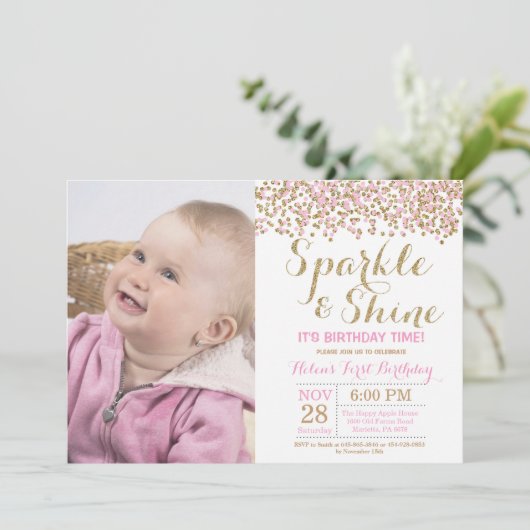Sparkle and Shine Pink Gold Birthday Invitation Kaart (Staand voorkant)