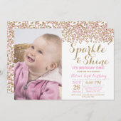 Sparkle and Shine Pink Gold Birthday Invitation Kaart (Voorkant / Achterkant)