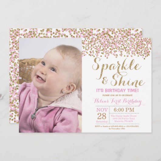 Sparkle and Shine Pink Gold Birthday Invitation Kaart (Voorkant / Achterkant)