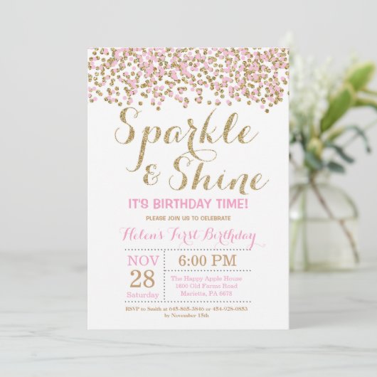 Sparkle and Shine Pink Gold verjaardagsuitnodiging Kaart (Staand voorkant)