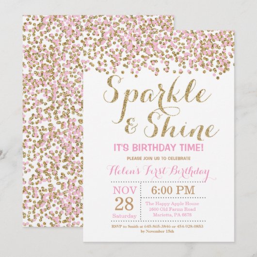 Sparkle and Shine Pink Gold verjaardagsuitnodiging Kaart (Voorkant / Achterkant)