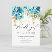 Sparkle Aqua Blue & Gold Floral Wedding Kaart (Staand voorkant)
