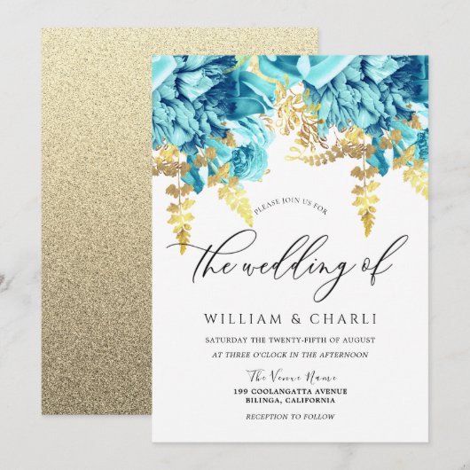 Sparkle Aqua Blue & Gold Floral Wedding Kaart (Voorkant / Achterkant)