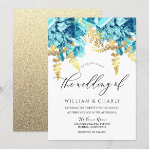 Sparkle Aqua Blue & Gold Floral Wedding Kaart