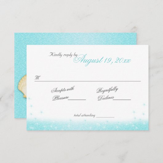Sparkle Beach Aqua en Gold Sea Shells Respons RSVP Kaartje (Voorkant / Achterkant)