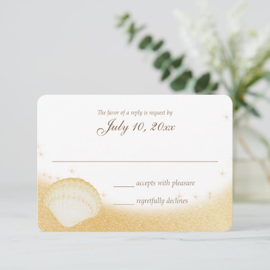 Sparkle Beach Seashelle Wedding Response RSVP Kaartje (Staand voorkant)