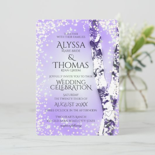 Sparkle berk bruiloft violet kaart (Staand voorkant)