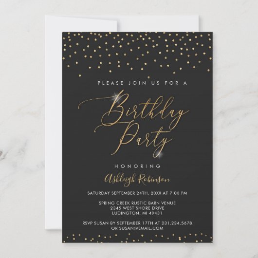 Sparkle Black and Gold Birthday Invitation Kaart (Voorkant)