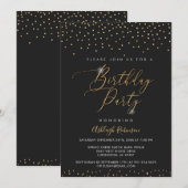 Sparkle Black and Gold Birthday Invitation Kaart (Voorkant / Achterkant)