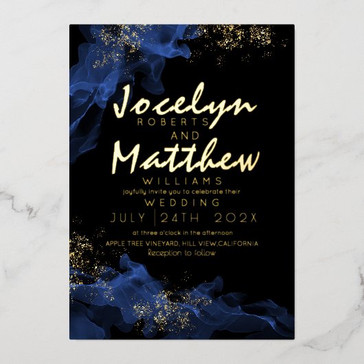Sparkle Black Dusty Blue Gold Waterverf Wedding Folie Uitnodiging (Voorkant)