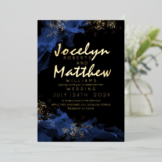 Sparkle Black Dusty Blue Gold Waterverf Wedding Folie Uitnodiging (Staand Voorkant)