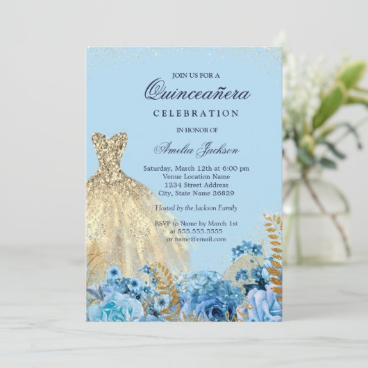 Sparkle Blauw Goud Glitter Jurk Zoet Zestien Kaart (Staand voorkant)