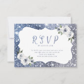 Sparkle blauw zilver glitter bloemenbruiloft QR-co RSVP Kaartje (Voorkant)