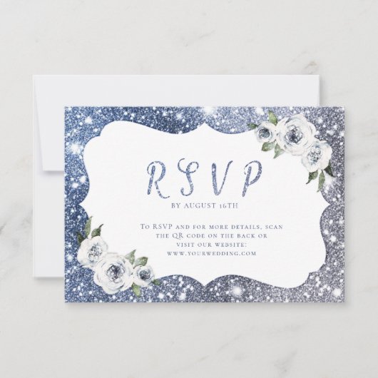 Sparkle blauw zilver glitter bloemenbruiloft QR-co RSVP Kaartje (Voorkant)