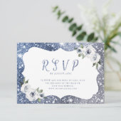 Sparkle blauw zilver glitter bloemenbruiloft QR-co RSVP Kaartje (Staand voorkant)