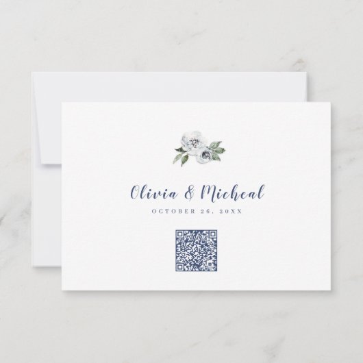 Sparkle blauw zilver glitter bloemenbruiloft QR-co RSVP Kaartje (Achterkant)