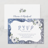 Sparkle blauw zilver glitter bloemenbruiloft QR-co RSVP Kaartje (Voorkant / Achterkant)