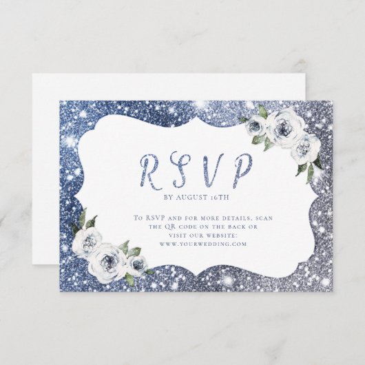 Sparkle blauw zilver glitter bloemenbruiloft QR-co RSVP Kaartje (Voorkant / Achterkant)