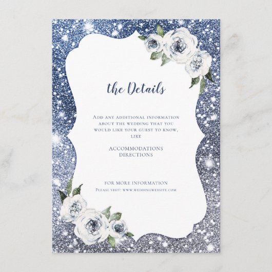 Sparkle blauw zilveren glitter bloemenbruiloft Det Informatiekaartje (Voorkant)