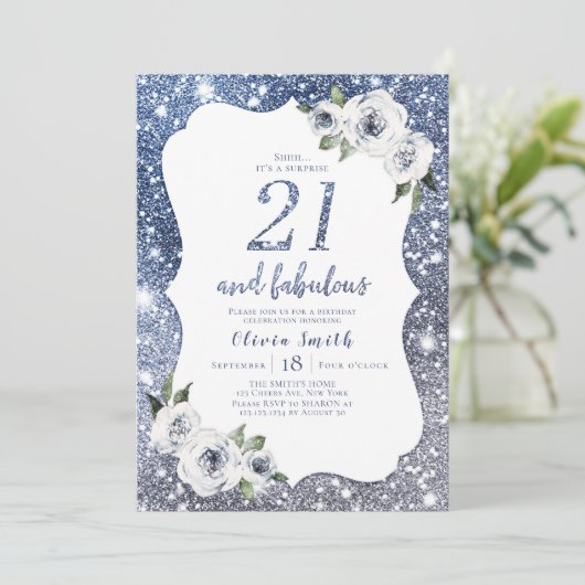 Sparkle blauwe glitter en bloemen 21e verjaardag kaart (Staand voorkant)