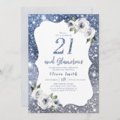 Sparkle blauwe glitter en bloemen 21e verjaardag kaart (Voorkant / Achterkant)