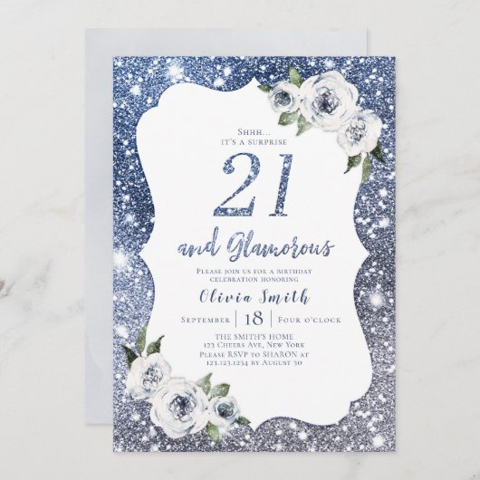 Sparkle blauwe glitter en bloemen 21e verjaardag kaart (Voorkant / Achterkant)