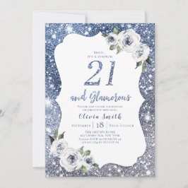 Sparkle blauwe glitter en bloemen 21e verjaardag kaart