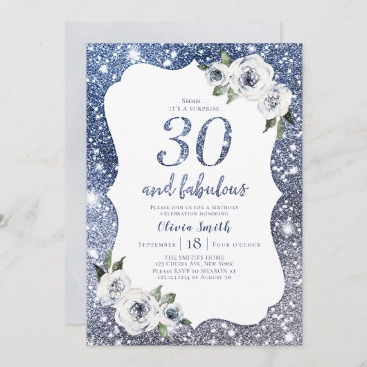 Sparkle blauwe glitter en bloemen 30ste verjaardag kaart (Voorkant / Achterkant)