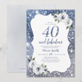 Sparkle blauwe glitter en bloemen 40e verjaardag kaart (Voorkant / Achterkant)