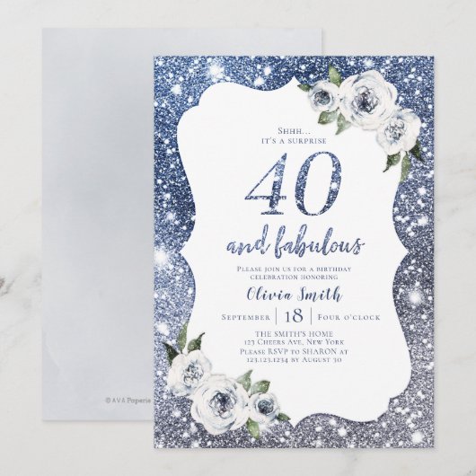Sparkle blauwe glitter en bloemen 40e verjaardag kaart (Voorkant / Achterkant)
