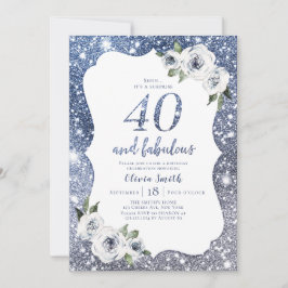 Sparkle blauwe glitter en bloemen 40e verjaardag kaart
