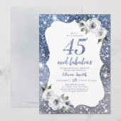 Sparkle blauwe glitter en bloemen 45e verjaardag kaart (Voorkant / Achterkant)