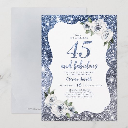 Sparkle blauwe glitter en bloemen 45e verjaardag kaart (Voorkant / Achterkant)